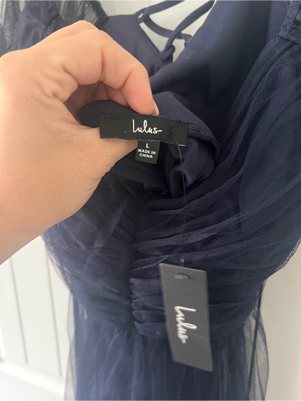 Lulus Glorious Chicness Navy Tulle Pleated Puff Sleeve Midi Dress - Picture 7 of 8